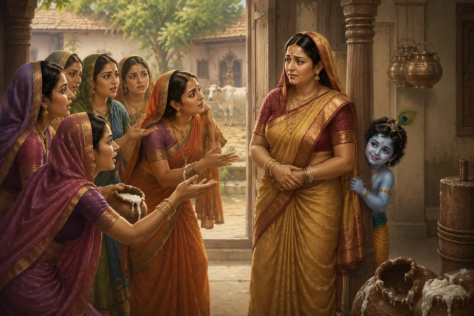Gathering together with great determination, the gopis arrive at Nanda Bhavan, eager to complain about the latest exploits of her mischievous son
