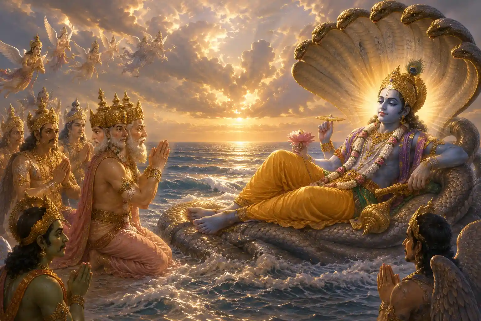 Led by Lord Brahma, the devas journeyed to the shores of the Kshira Sagara, the Ocean of Milk, where they offered heartfelt prayers to Lord Vishnu