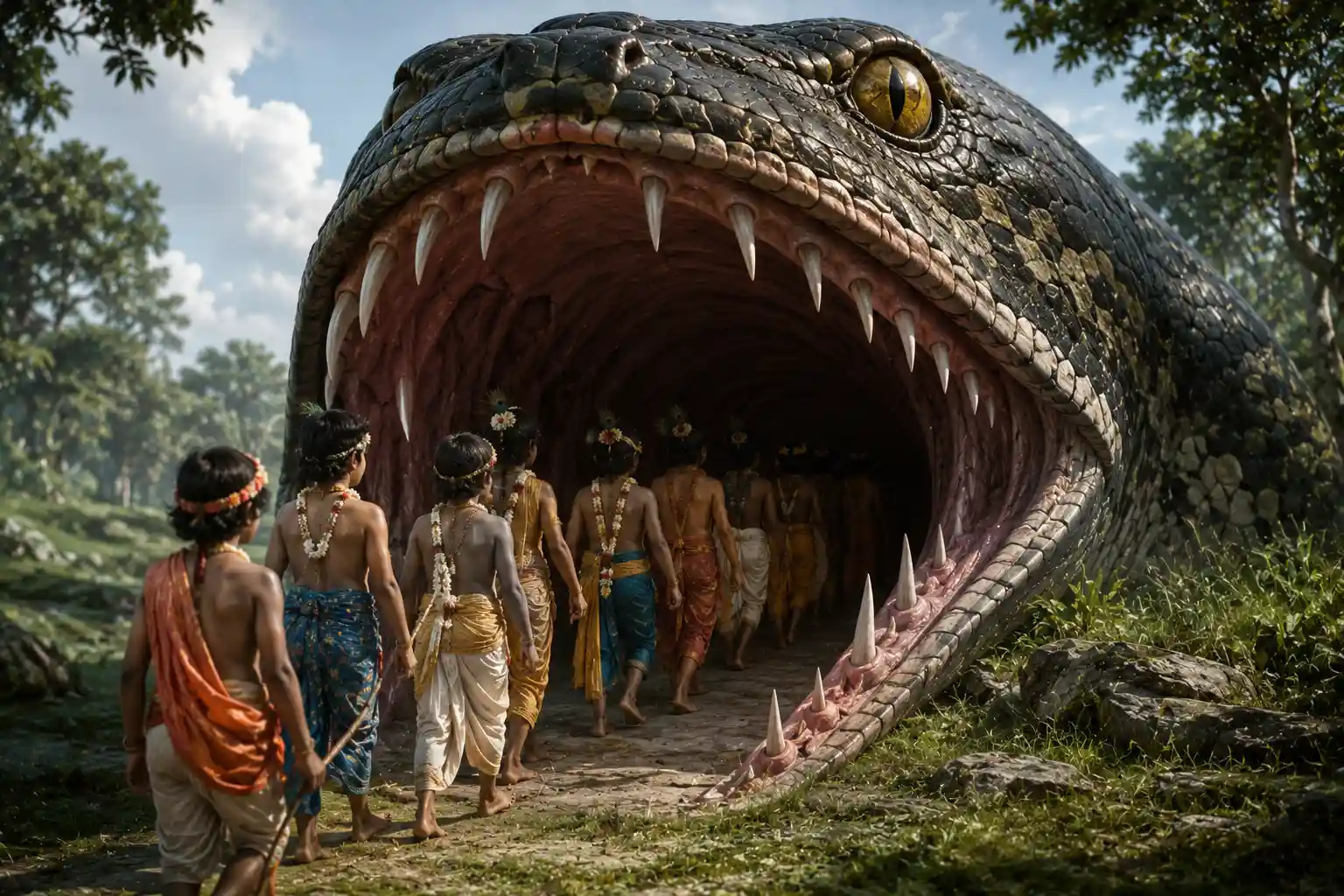 The gopas entered with curiosity, mistaking the snake’s open mouth for stalactites and stalagmites