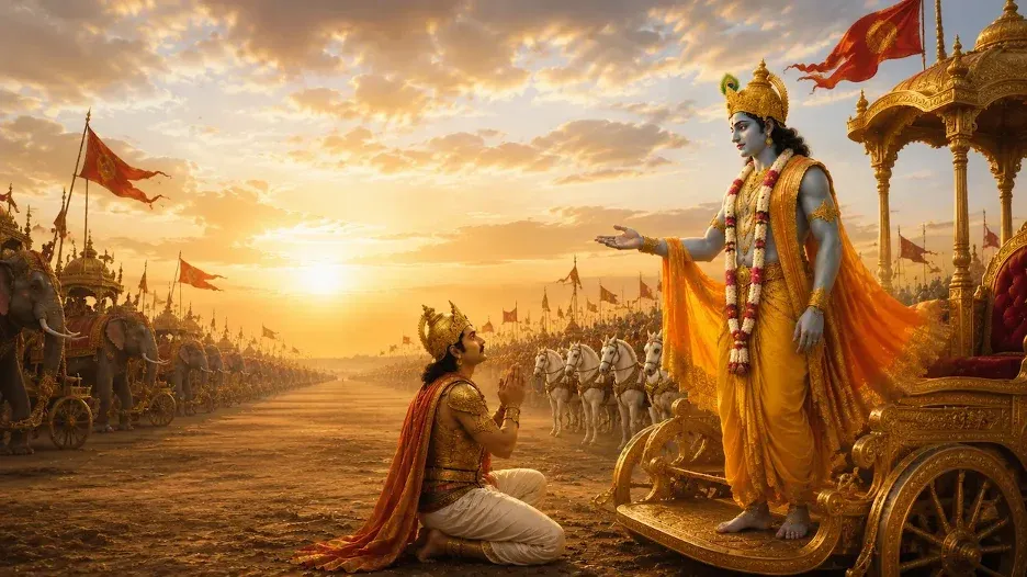 Shree Krishna instructs Arjun on the battlefield of Kurukshetra