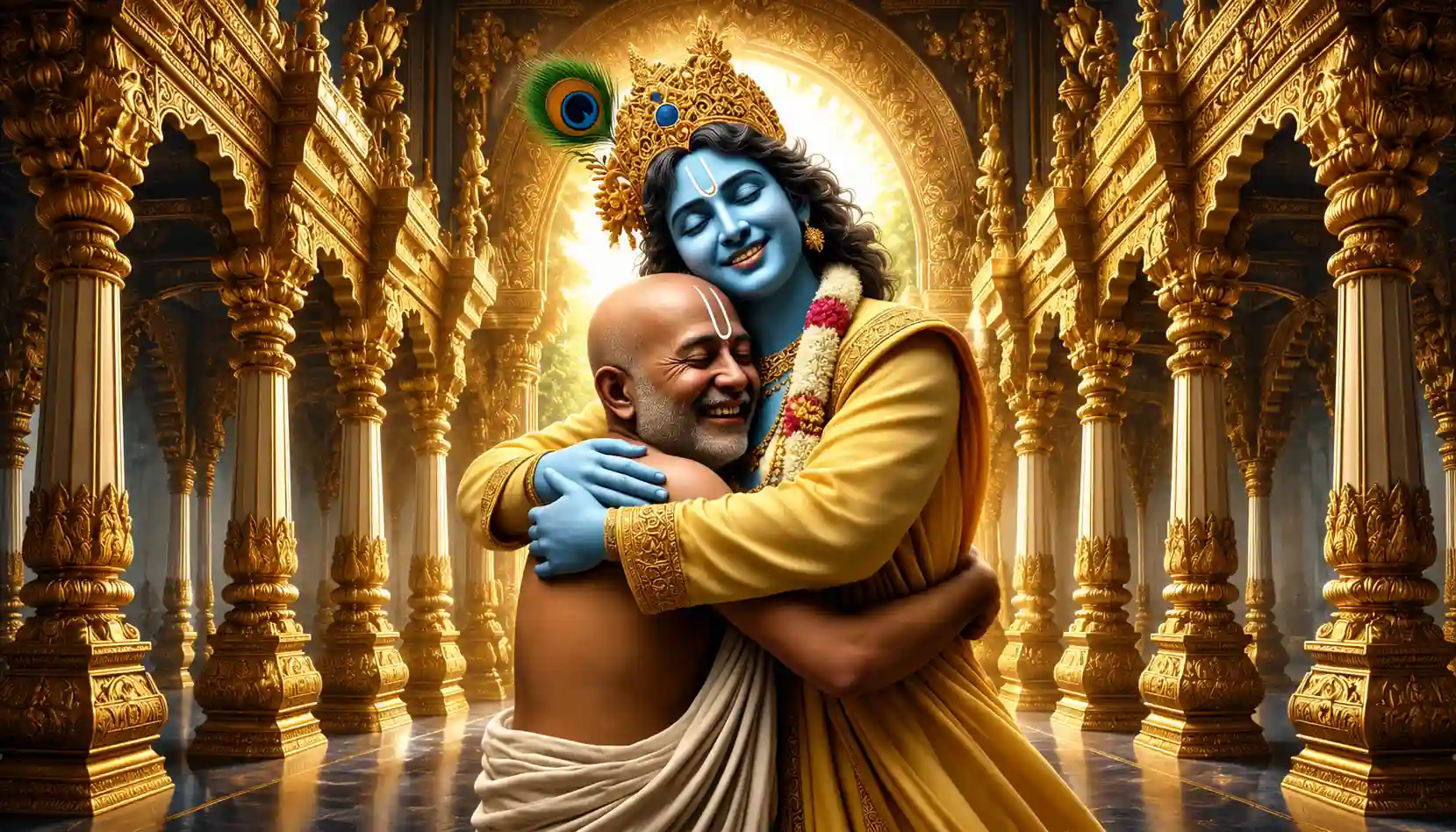 Sudama in a loving embrace with Krishna