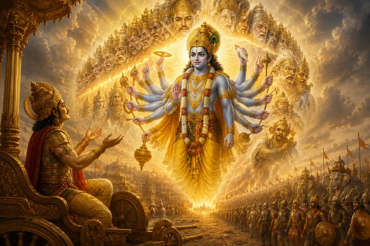 Shree Krishna reveals His universal form to Arjun on the battlefield