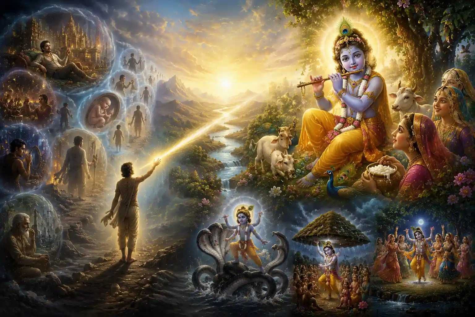 Shree Krishna drawing souls from worldly life through His divine grace in Braj.