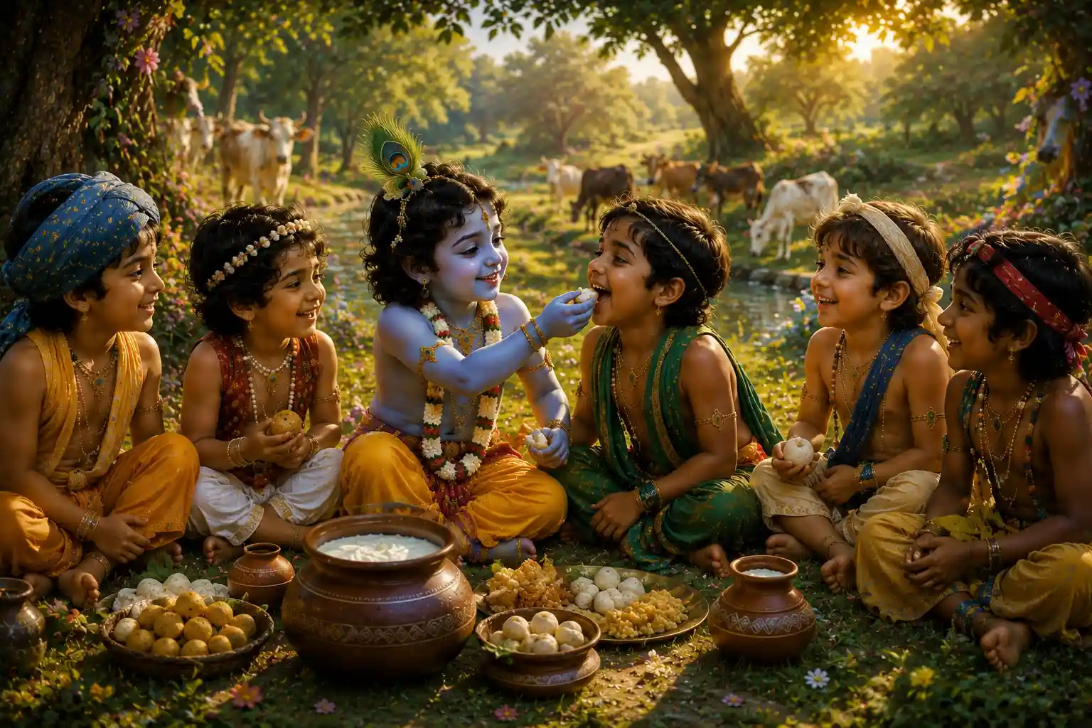 Krishna shares food with his cowherd friends