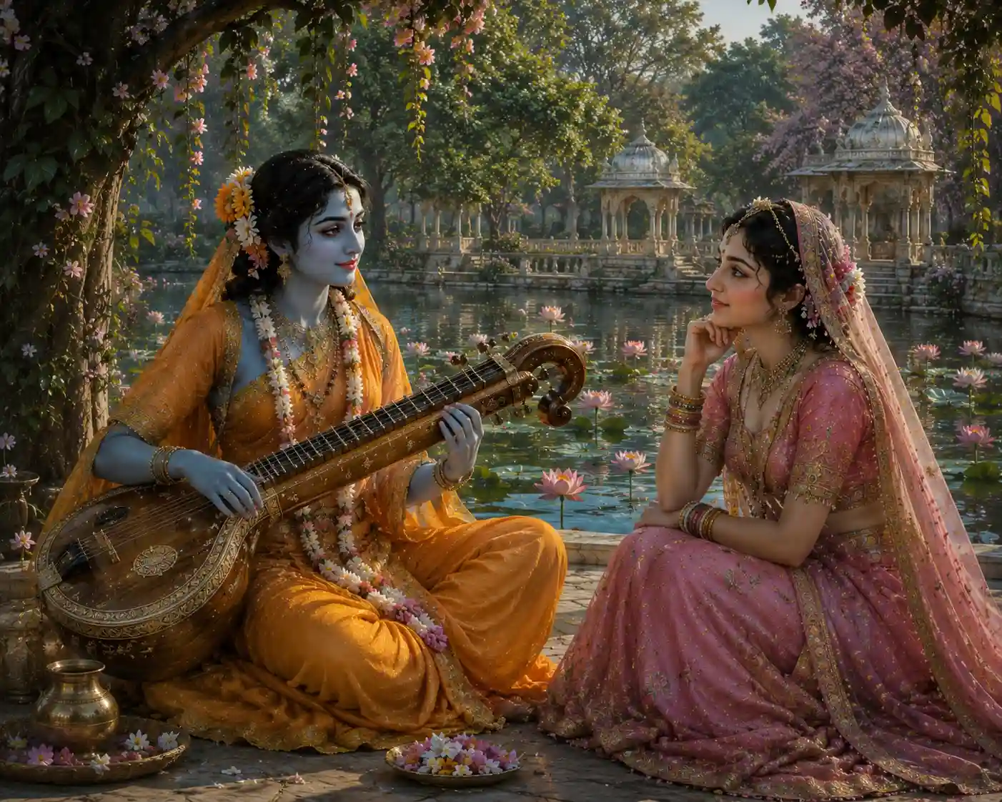 Shree Krishna disguised Himself as a Veenavari lady with a saffron saree, hair tied back, and adorned with flowers, and advised Radha Rani to forgive Him