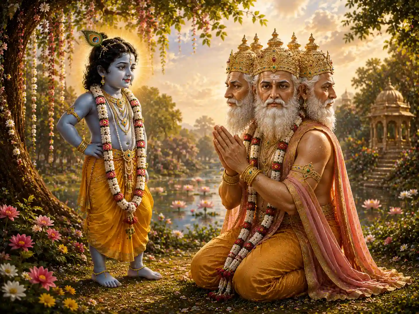 Lord Brahma offered a heartfelt prayer: longed to become a simple blade of grass in the land of Braj, just so he could receive the dust of the feet of Shree Krishna’s devotees