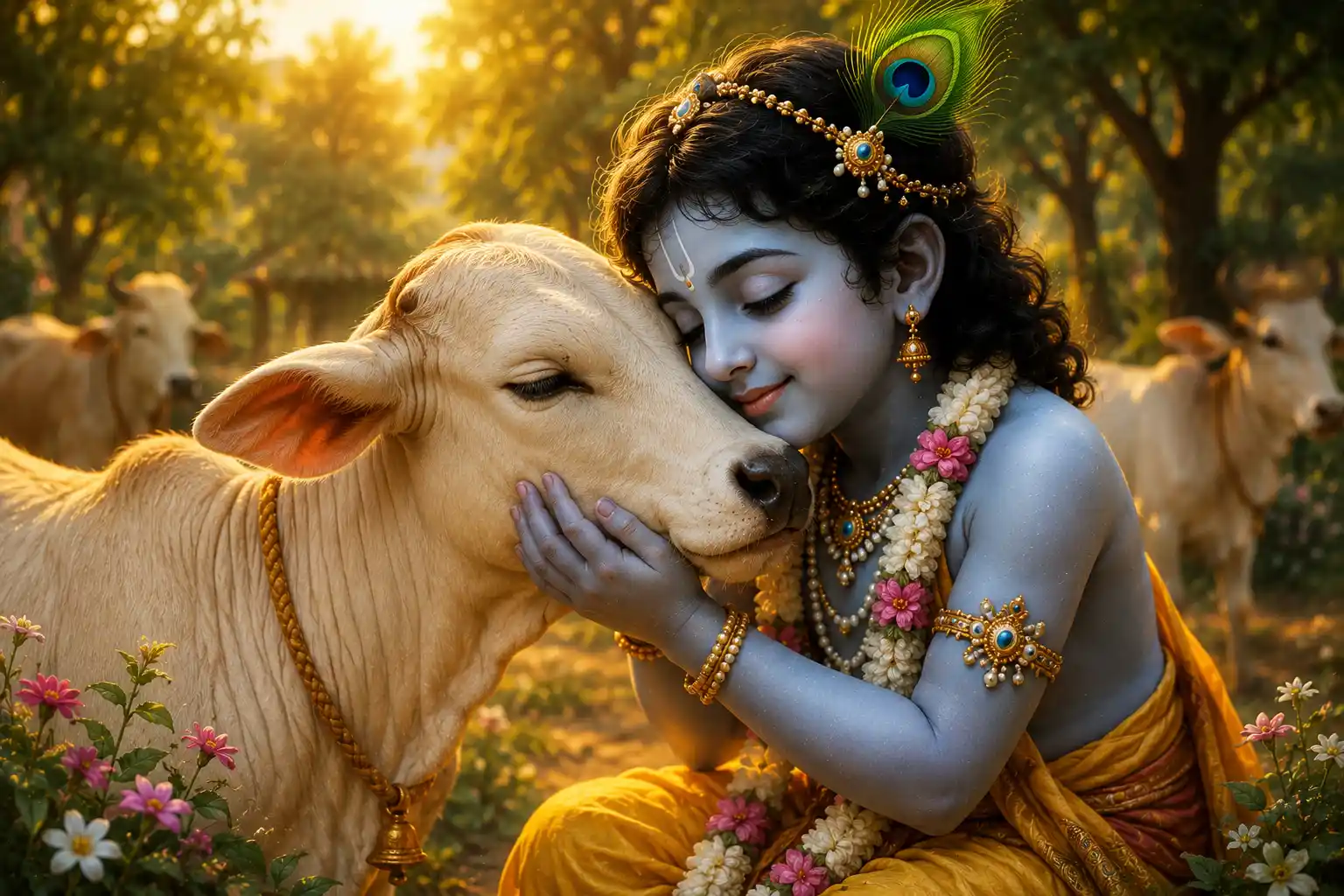 Shree Krishna in a loving exchange with a cow