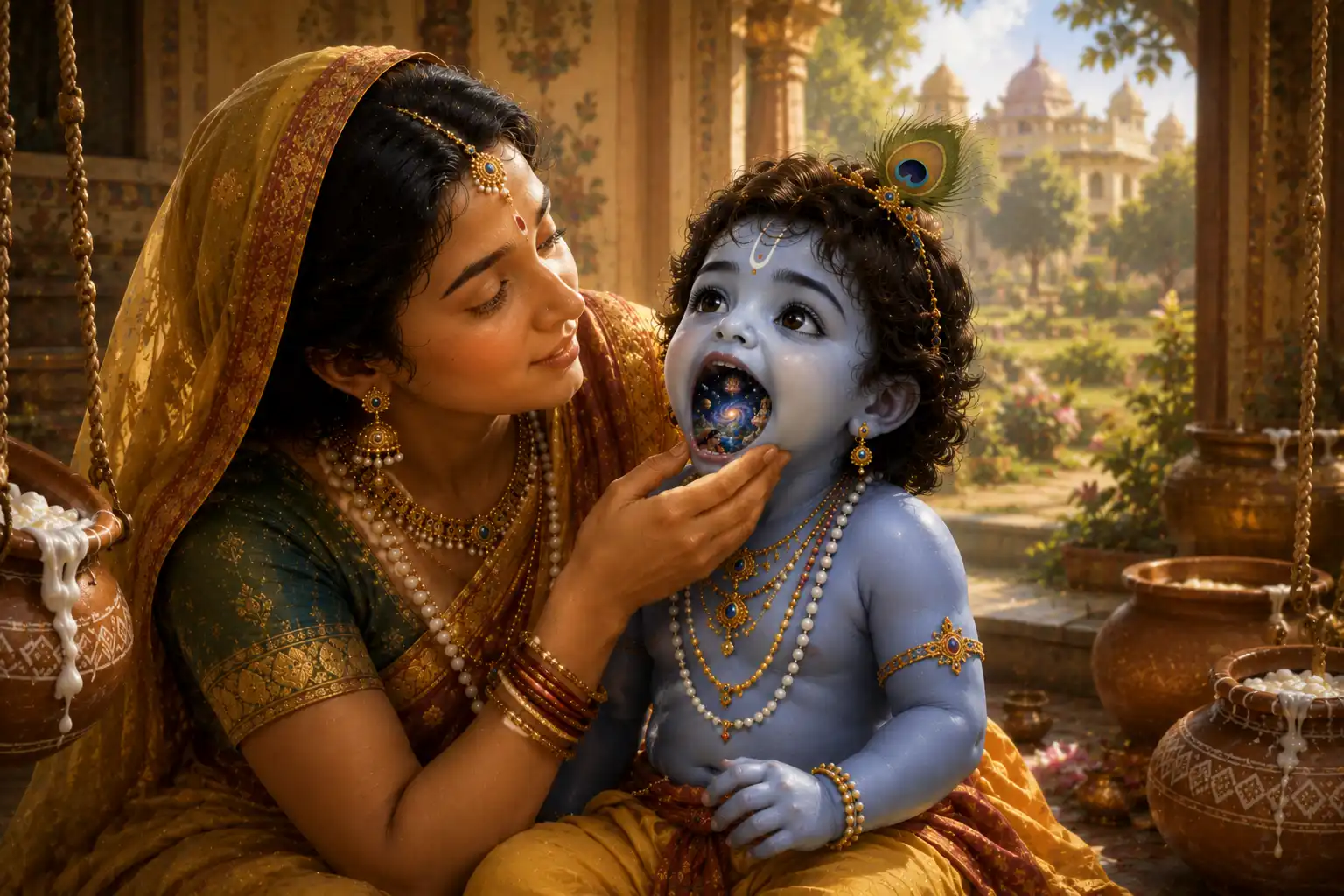 Shree Krishna opens His mouth and Yashoda sees all creation inside Him