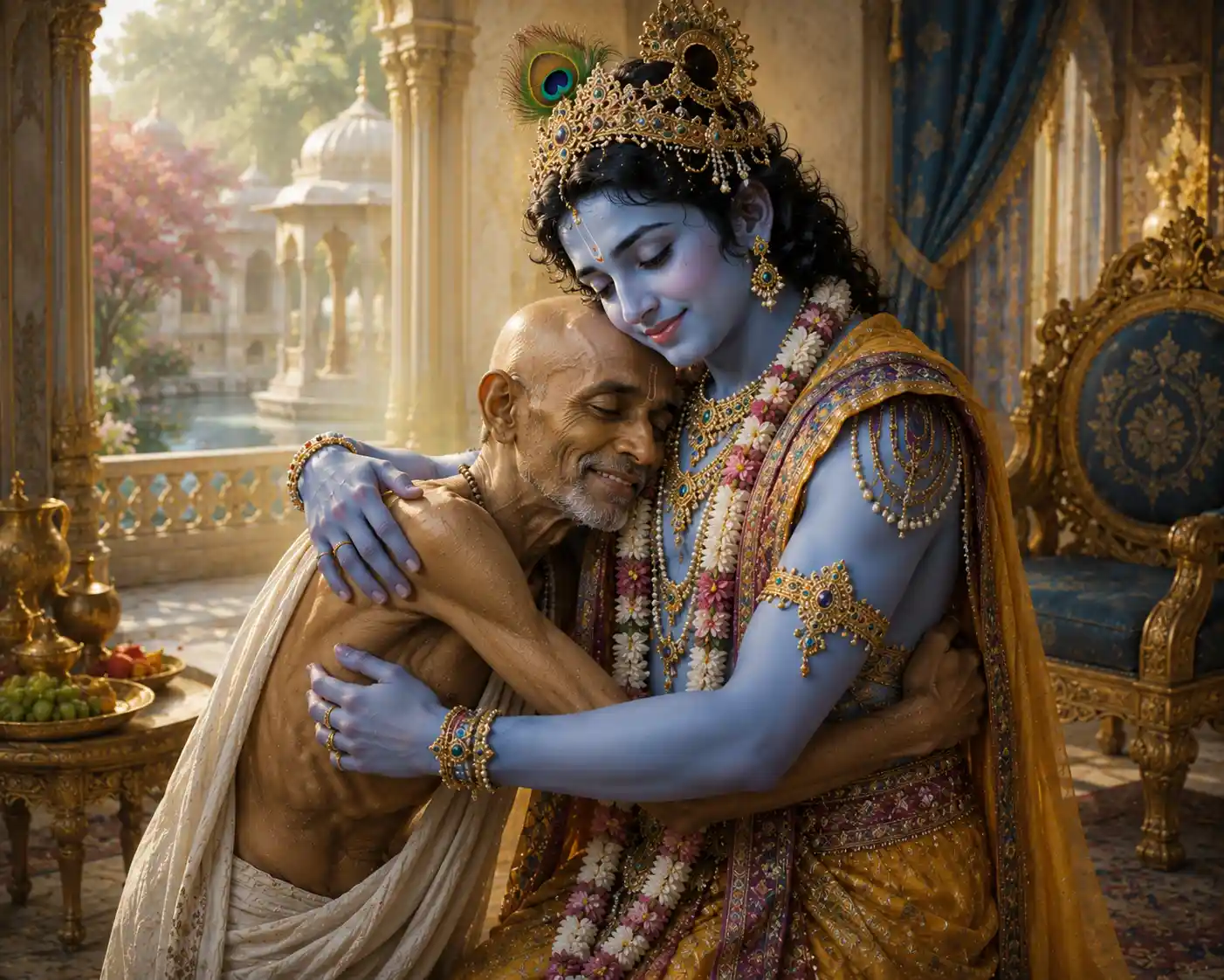 Sudama and Shree Krishna in loving embrace