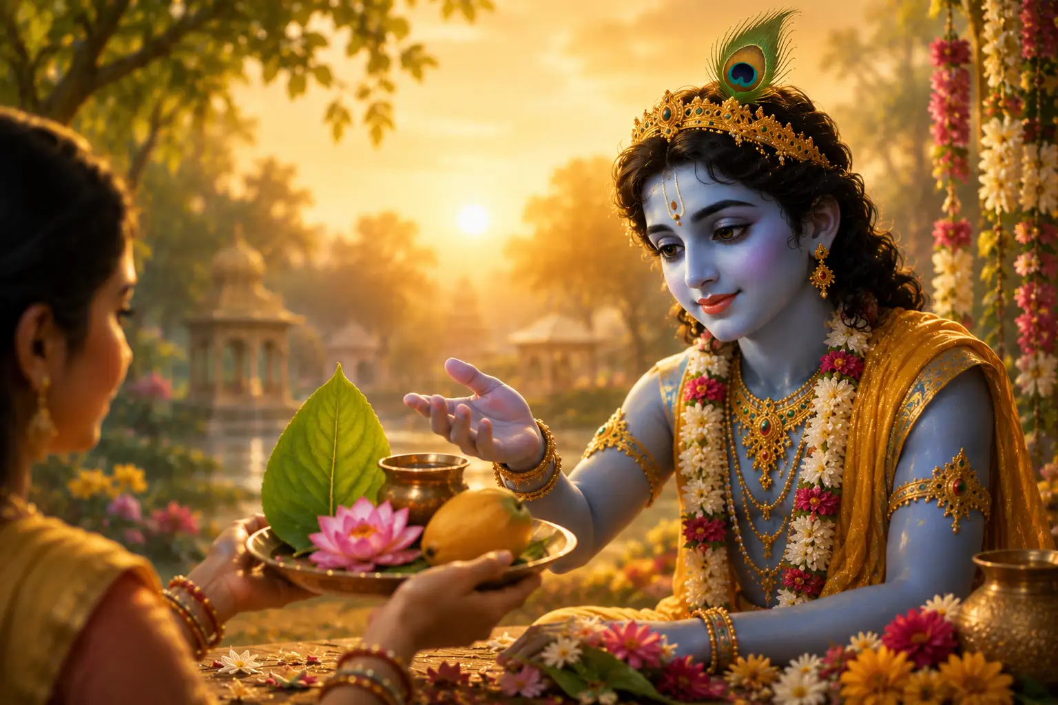 A devotee offers to Krishna with devotion a leaf, a flower, a fruit, or even water and He delightfully partakes of that item offered with love by His devotee in pure consciousness