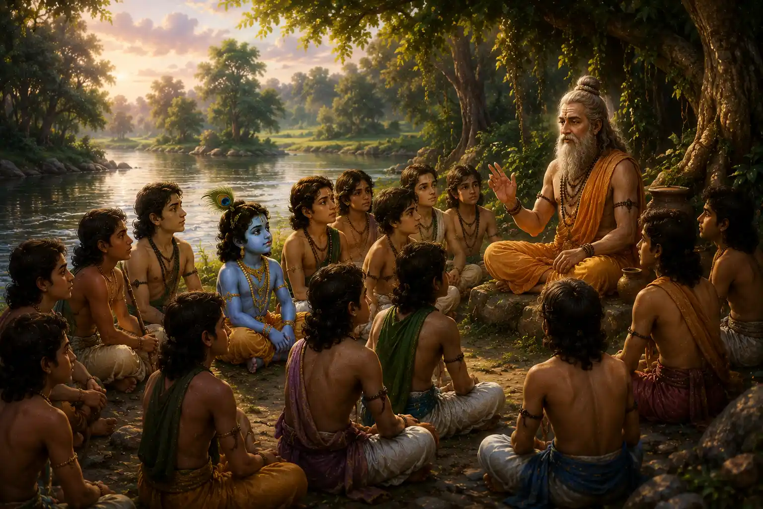 Shree Krishna accompanied the older cowherd boys to the forest, where Sage Durvasa was delivering a sermon.