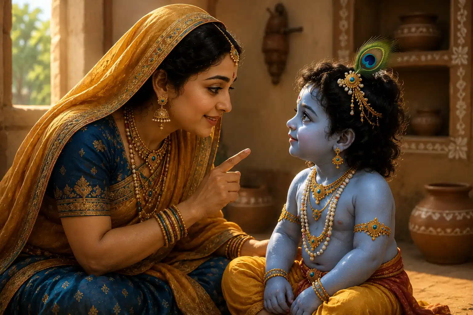 Mother Yashoda and Krishna in aloving exchange