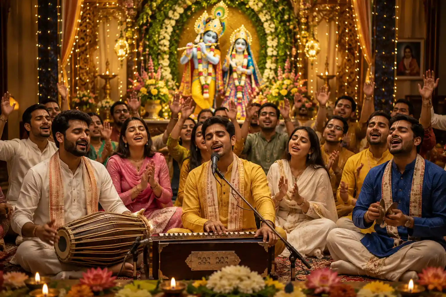 Devotees immersed in kirtan for Radha Krishna