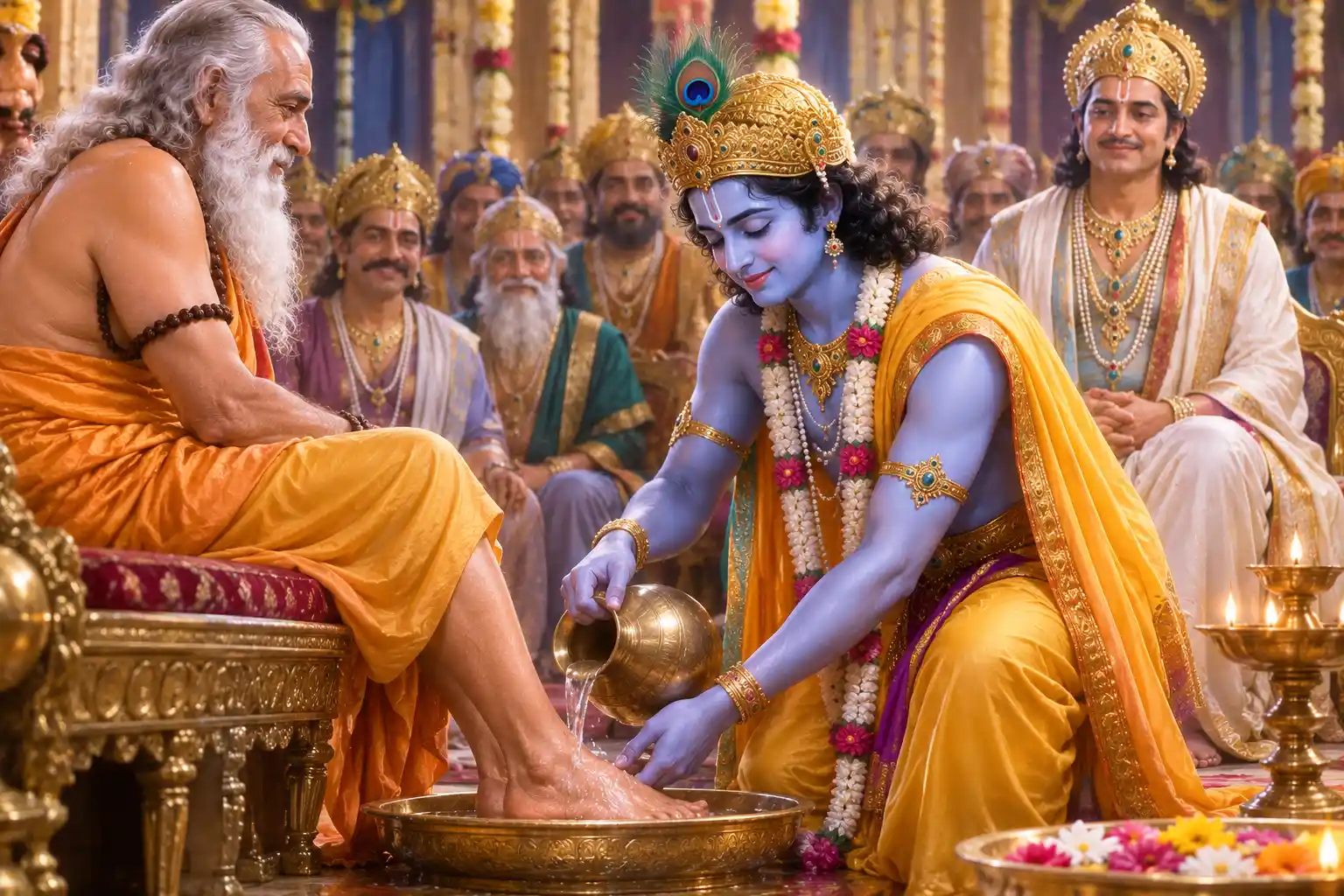 Shree Krishna personally takes charge of washing the feet of all the incoming guests during King Yudhiṣṭhira’s Rājasūya sacrifice