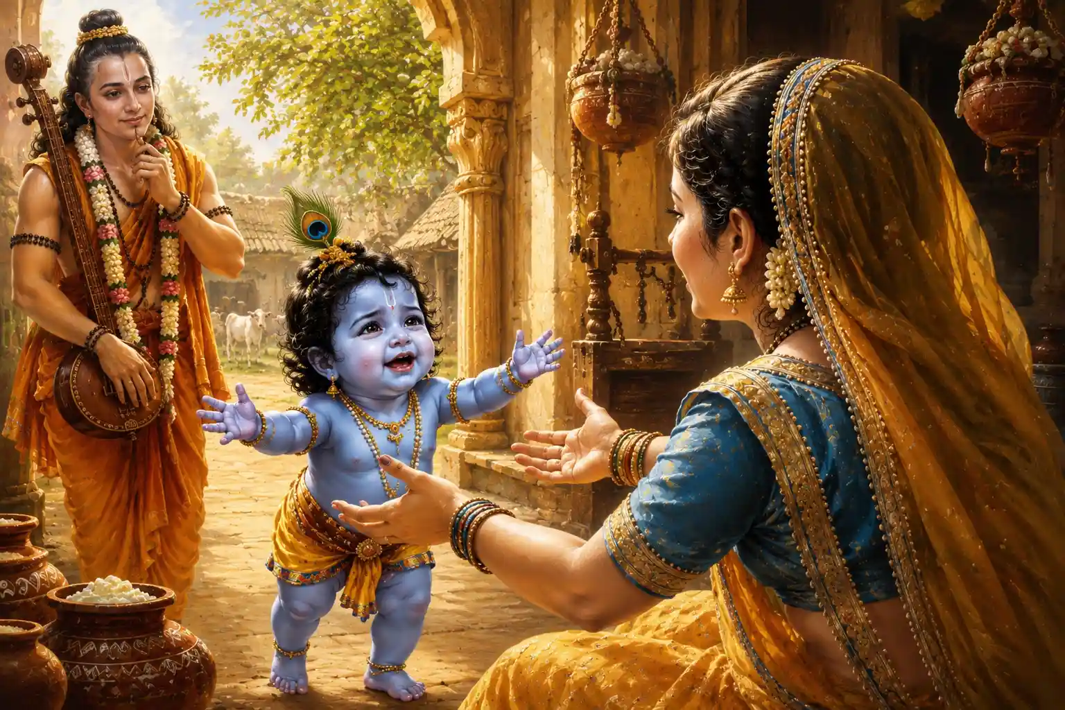 Narada watches as the Supreme Lord stretches out His tiny arms towards Mother Yashoda, crying insistently to be lifted into her embrace
