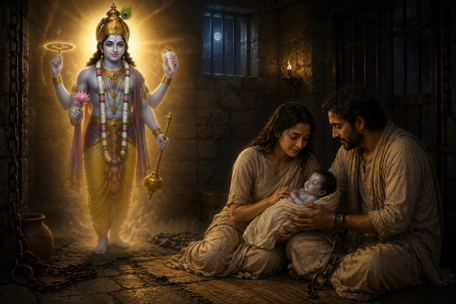 Shree Krishna appears in his four armed form and transforms into the form of a baby at Devaki's request