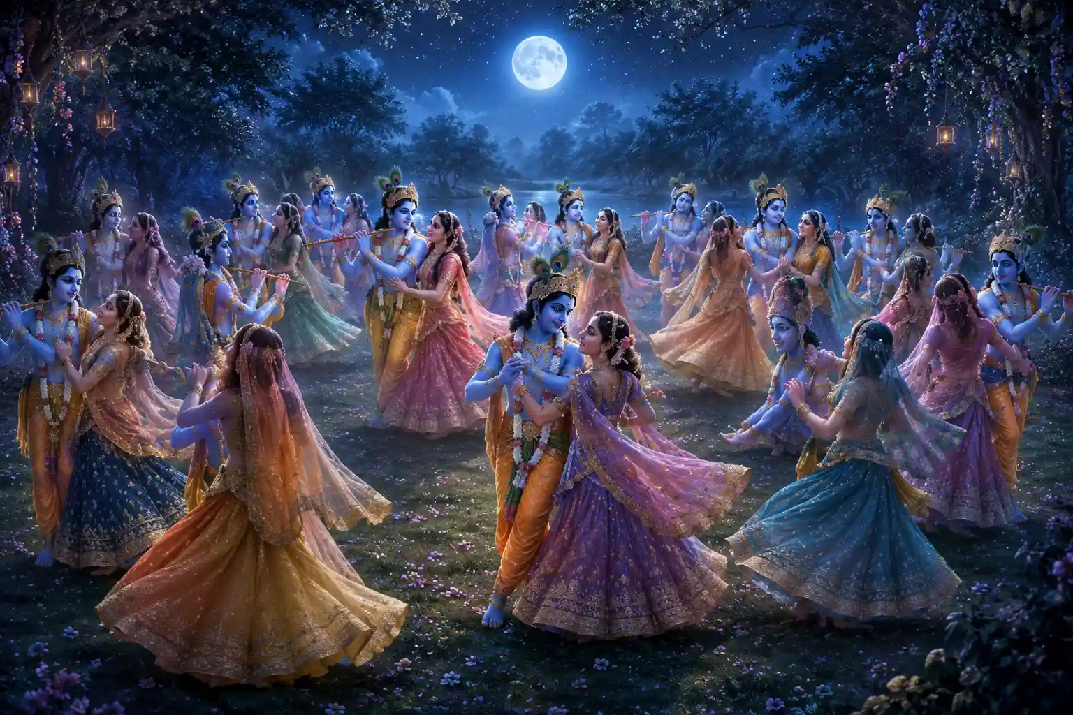 Shree Krishna and the gopis dance in the Maharaas under the moonlight
