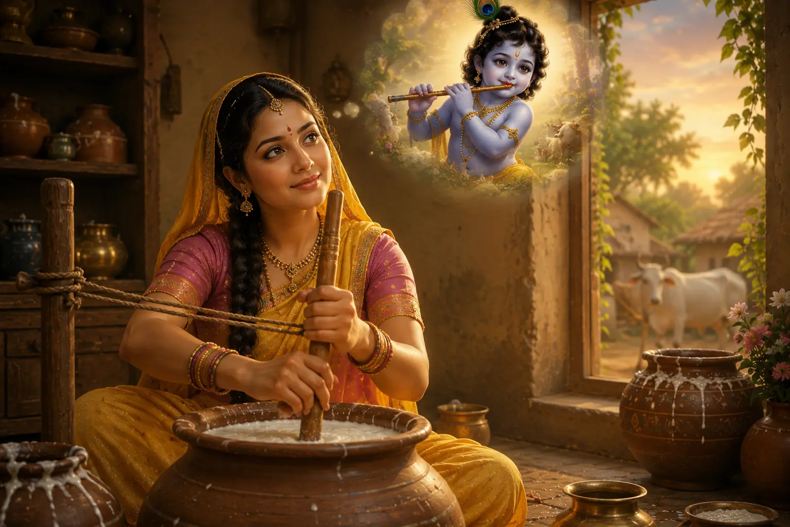 A gopi is in divine remembrance of Shree Krishna while churning butter