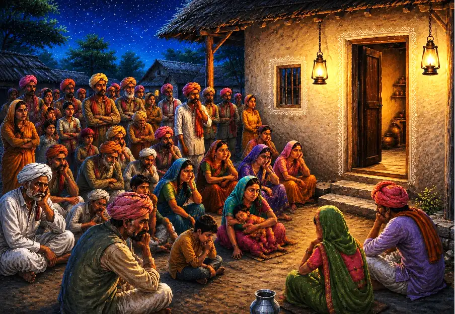 The Brajvasis wait for hours outside Yashoda’s home, growing weary as they await the birth of her child