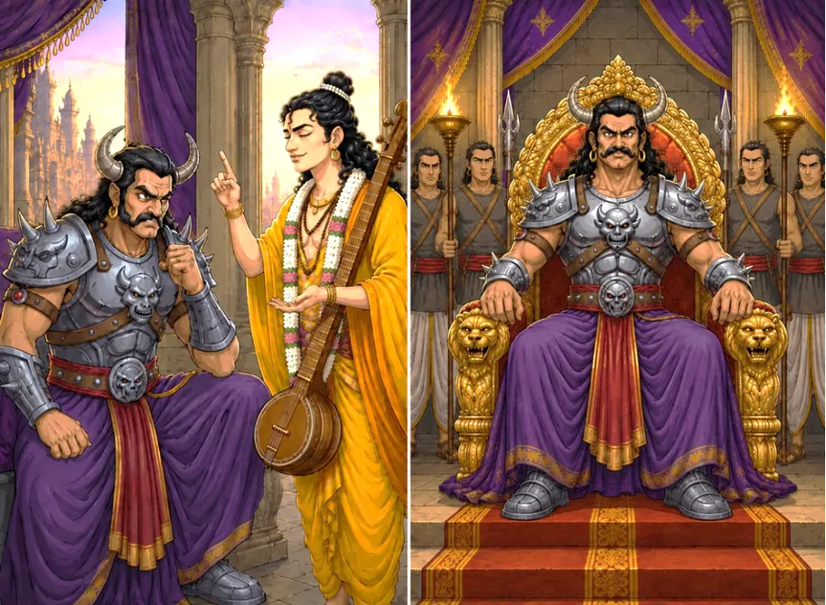 Sage Narad conveys a message about Kans's parentage to him. Enraged, the young demon unleashes his tyranny and usurps the throne of Mathura.
