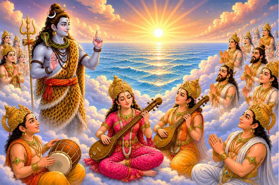 At Ksheer Sagar, the celestial gods, guided by Shankar ji, sing kirtan and pray to the Lord for deliverance from demon Kans.