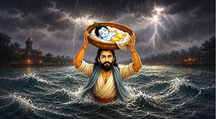 Vasudev wades through the sacred waters of River Yamuna, carrying baby Krishna to Braj