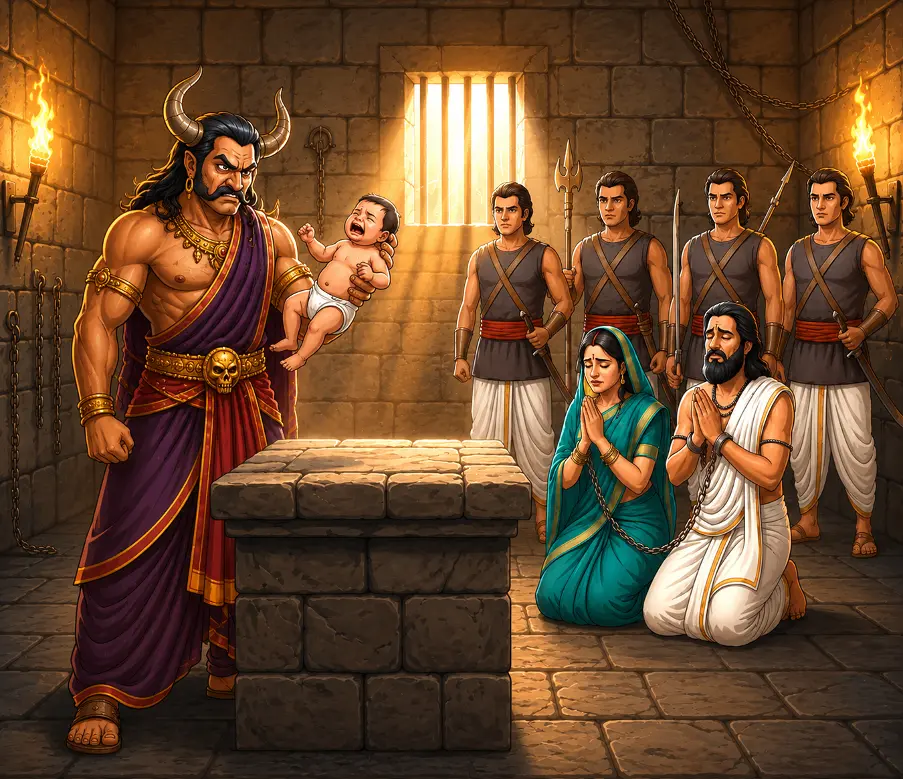 Kans imprisons Devaki and Vasudev and mercilessly kills their newborn children one by one