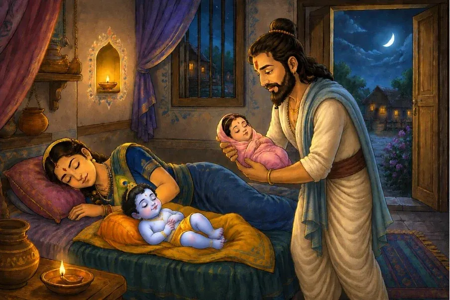 Vasudev quietly enters Nand and Yashoda's home in Braj, places little Krishna beside Yashoda, and departs with the newborn baby girl