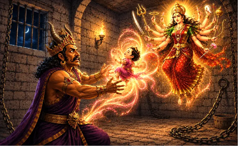 As Kans attempts to kill the baby girl, she slips from his hands and appears as the ten-armed Goddess Durga