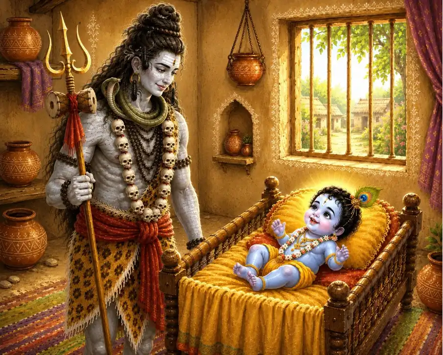 Baby Krishna bursts into a gurgling laugh as Shankar Ji gazes at Him with loving devotion