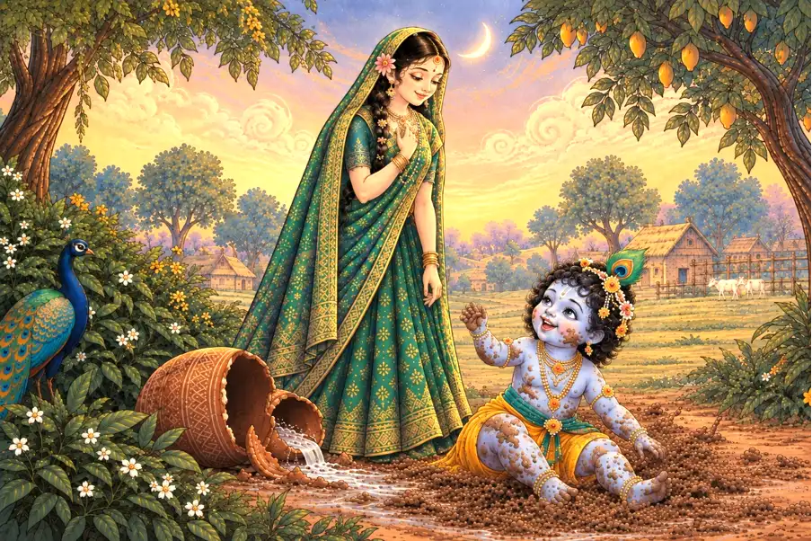 Startled by Krishna’s gaze, the gopi’s pot tumbles down, spilling water into a muddy puddle. Little Krishna gleefully dashes into it