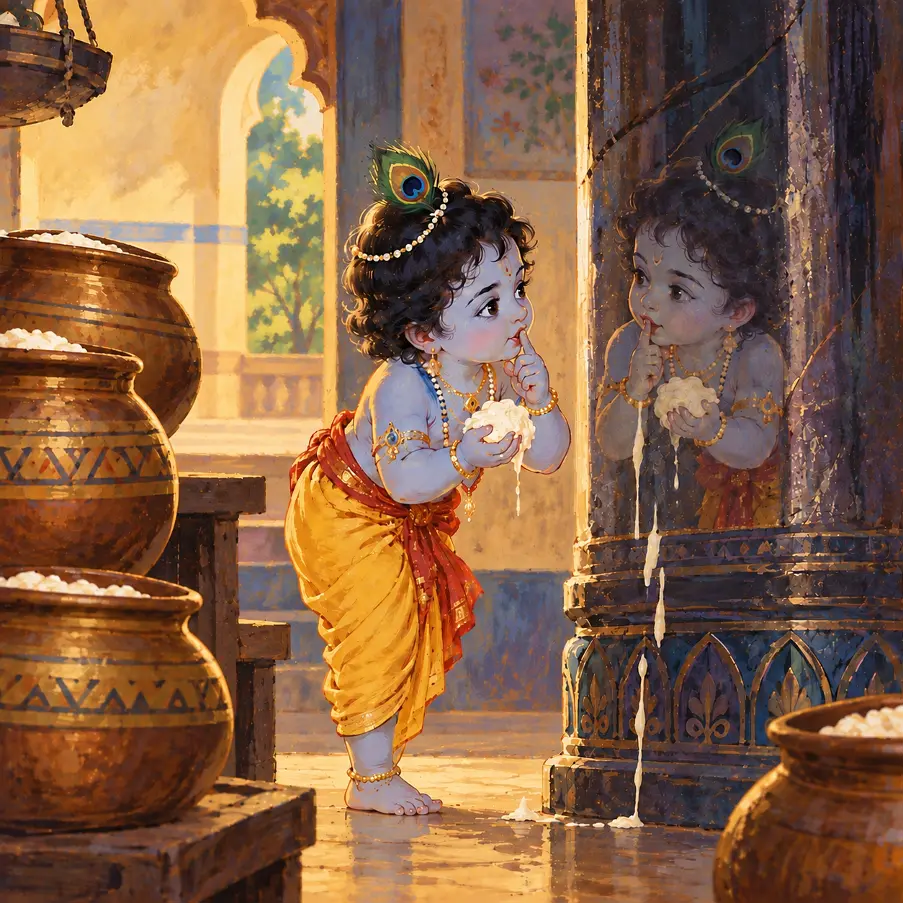 Little Krishna offers butter to his reflection in a pillar, mistaking it for another boy