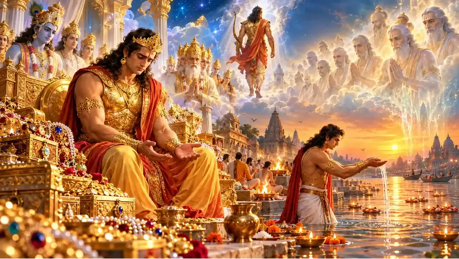 Karna offering water to ancestors beside the sacred river