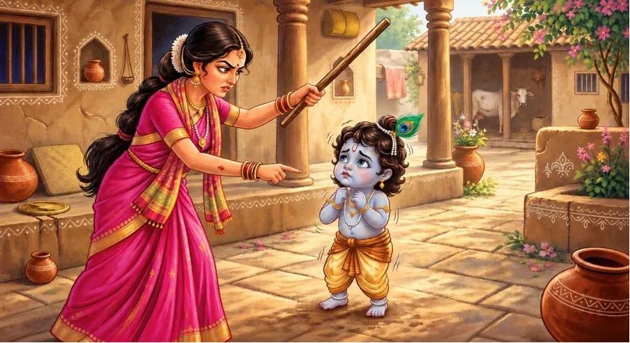 Krishna trembles in fear as Mother Yashoda raises her stick and asks Him to open His mouth