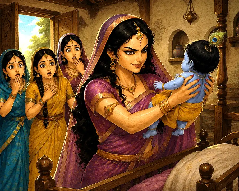Alt text: The sakhis marvel at Putana’s dazzling beauty as she boldly walks into Nand and Yashoda’s home and picks up baby Krishna