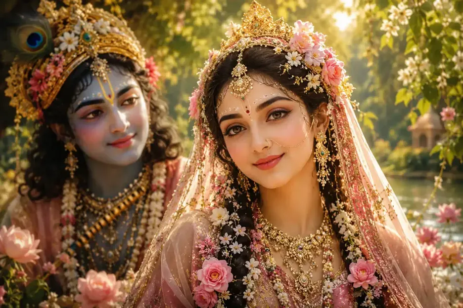 Shree Radha Rani adorned with flowers and jewellery, with Shree Krishna beside Her in a peaceful Vrindavan garden