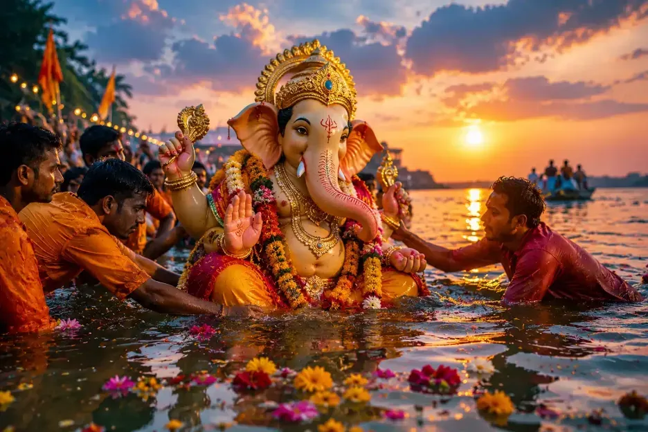 Devotees immerse a colorful Ganesha idol in water at sunset during Ganesh Visarjan.