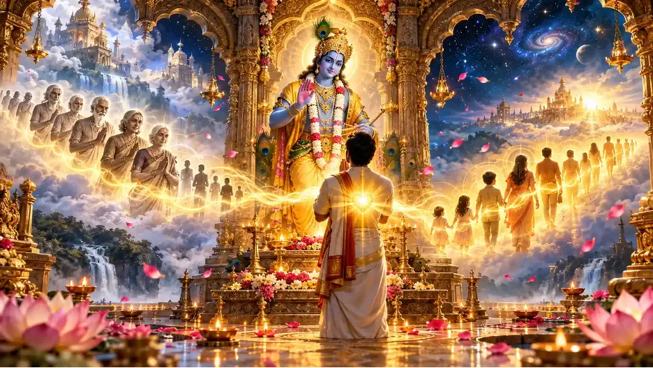 Devotee praying before Krishna amid ancestors and descendants