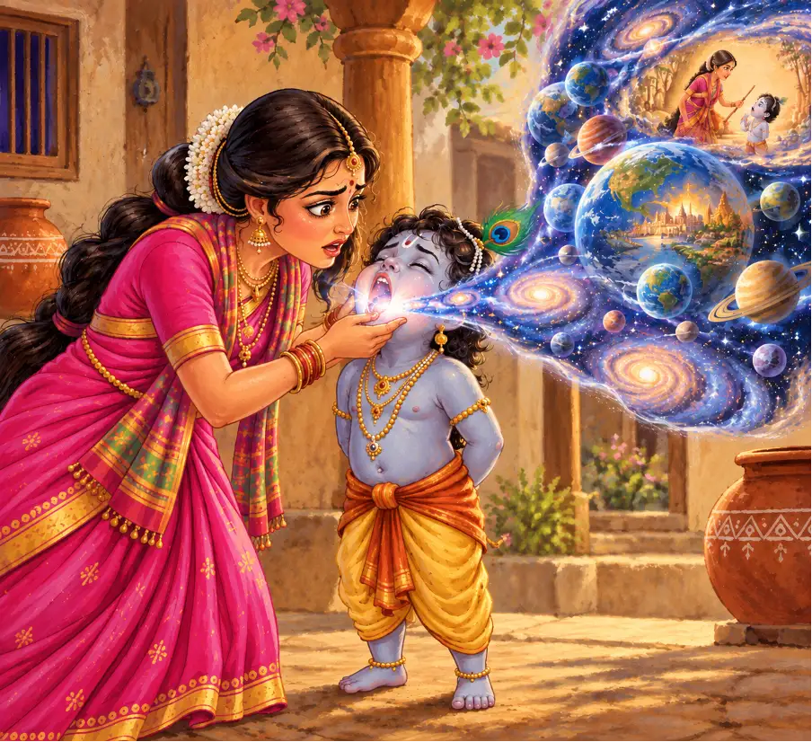 Mother Yashoda is dumbfounded to see innumerable universes within Krishna’s mouth