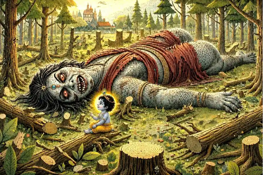 After baby Krishna draws out her life airs, Putana collapses, her massive fall uprooting entire groves of trees.