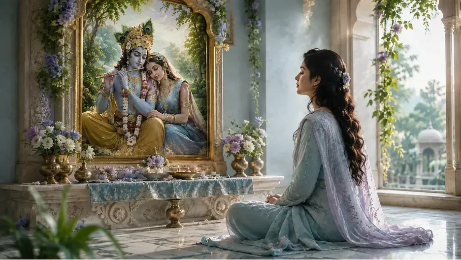 Devotee meditating before a Shree Radha Krishna altar in soft morning light, surrounded by flowers in a serene temple setting.