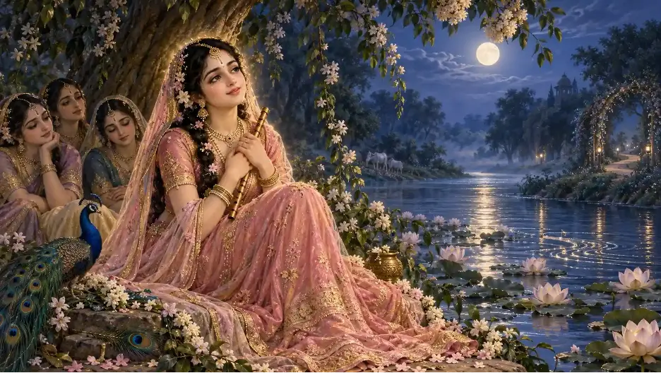 Radha in loving remembrance of Krishna on the river back of the Yamuna