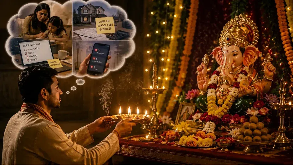 A man offers aarti to Shree Ganesha in a warmly lit shrine while a thought bubble shows a distracted mind during prayer