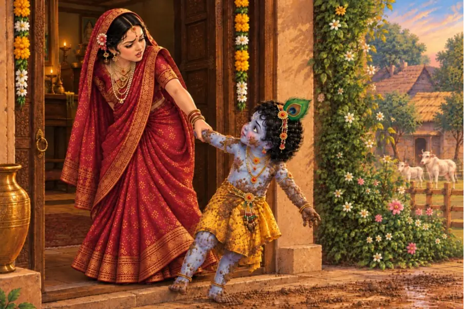 Gripping Krishna’s muddy little wrist, Yashoda tugs Him indoors, scolding Him with a mother’s concern