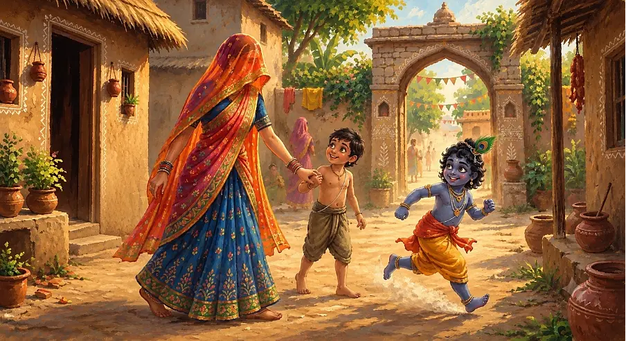 Krishna mischievously slips His sakha’s hand into the gopi’s hand and runs home