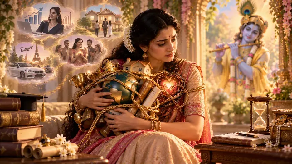 A devotee clings to worldly outcomes, symbolizing attachment and the desire for control