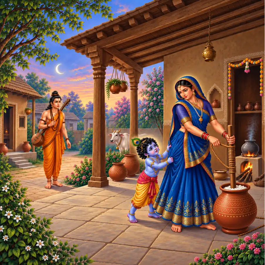 Sage Narad marvels at Yashoda’s fortune as Bhagavan, in the form of a little child, fusses and frets to be held in her lap