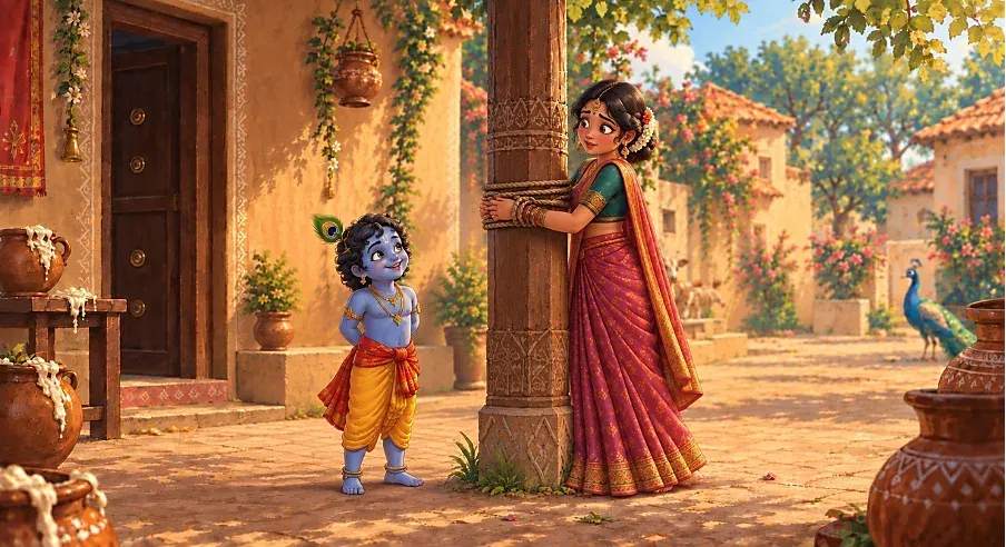 Little Krishna shows the gopi how to tie a knot by tying her hand to the pillar