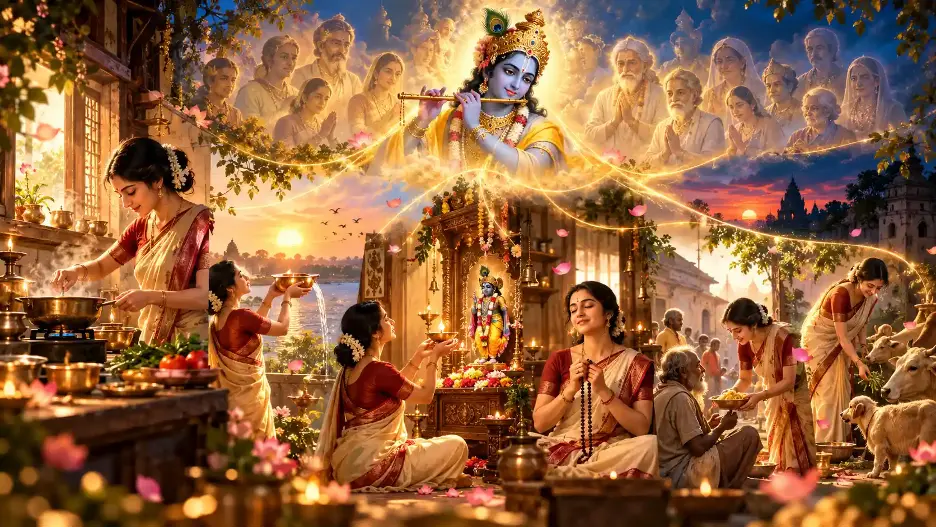 Devotees performing ancestral rituals before Krishna shrine