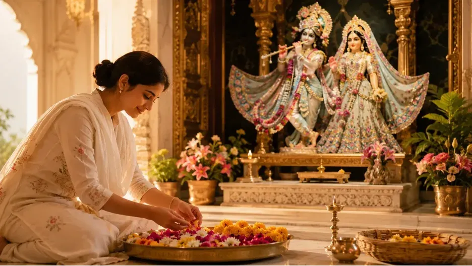 Devotee arranging flowers before a Shree Radha Krishna altar as an act of temple seva and devotion